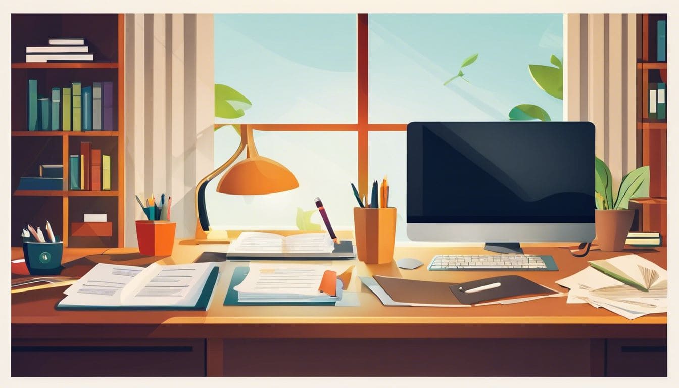 Een opgeruimde thuiswerkplek met financiële documenten en een uitnodigende sfeer.