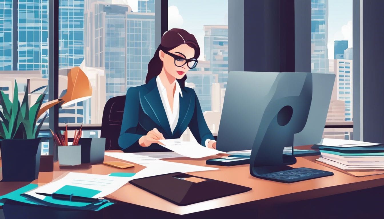 Een vrouw organiseert financiële documenten met een rekenmachine aan haar bureau. Een vrouw organiseert financiële documenten met een rekenmachine aan haar bureau.