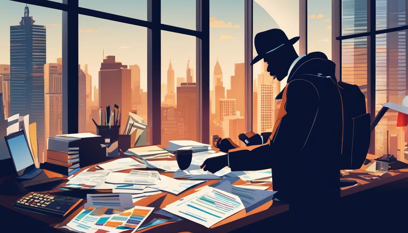 Een fotograaf in een chaotische en drukke omgeving, omringd door financi&euml;le documenten en cameramateriaal.