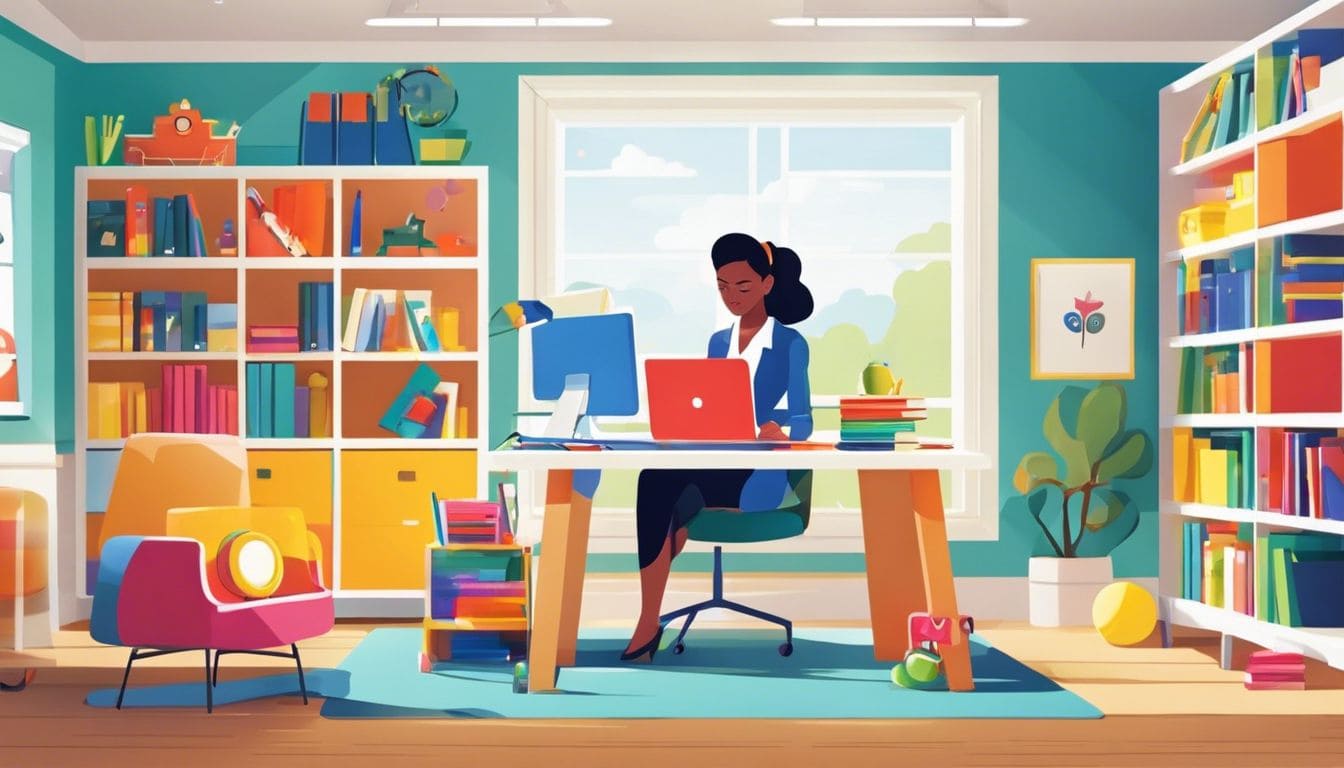 Een kinderdagverblijfmanager organiseert papierwerk in een helder en georganiseerd kantoor.