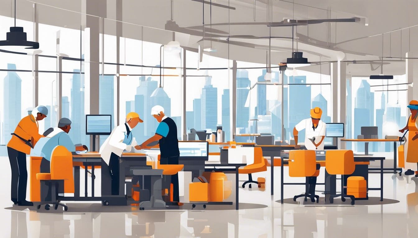 Een groep verzorgers en senioren werkt samen in een goed georganiseerde fotofaciliteit, met focus op stadsgezichten.