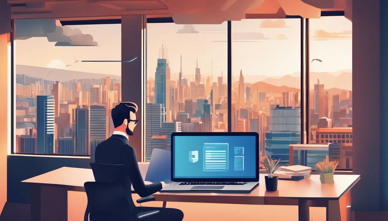 Een zakelijke professional werkt met Octaaf's online boekhoudprogramma in een modern kantoor met uitzicht op de stad.