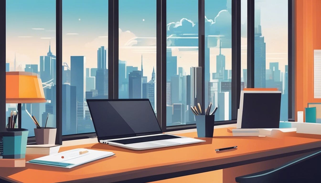 Een modern kantoorbureau met georganiseerde bestanden, elektronische apparaten en een koffiekop.