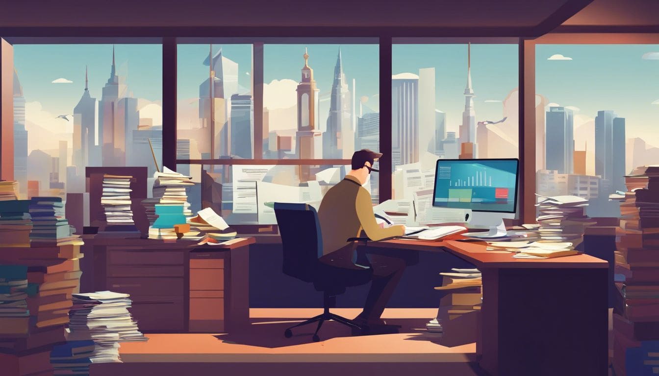 Een kerkpenningmeester werkt aan een rommelig bureau, omringd door stapels papierwerk en een drukke stad buiten het raam.