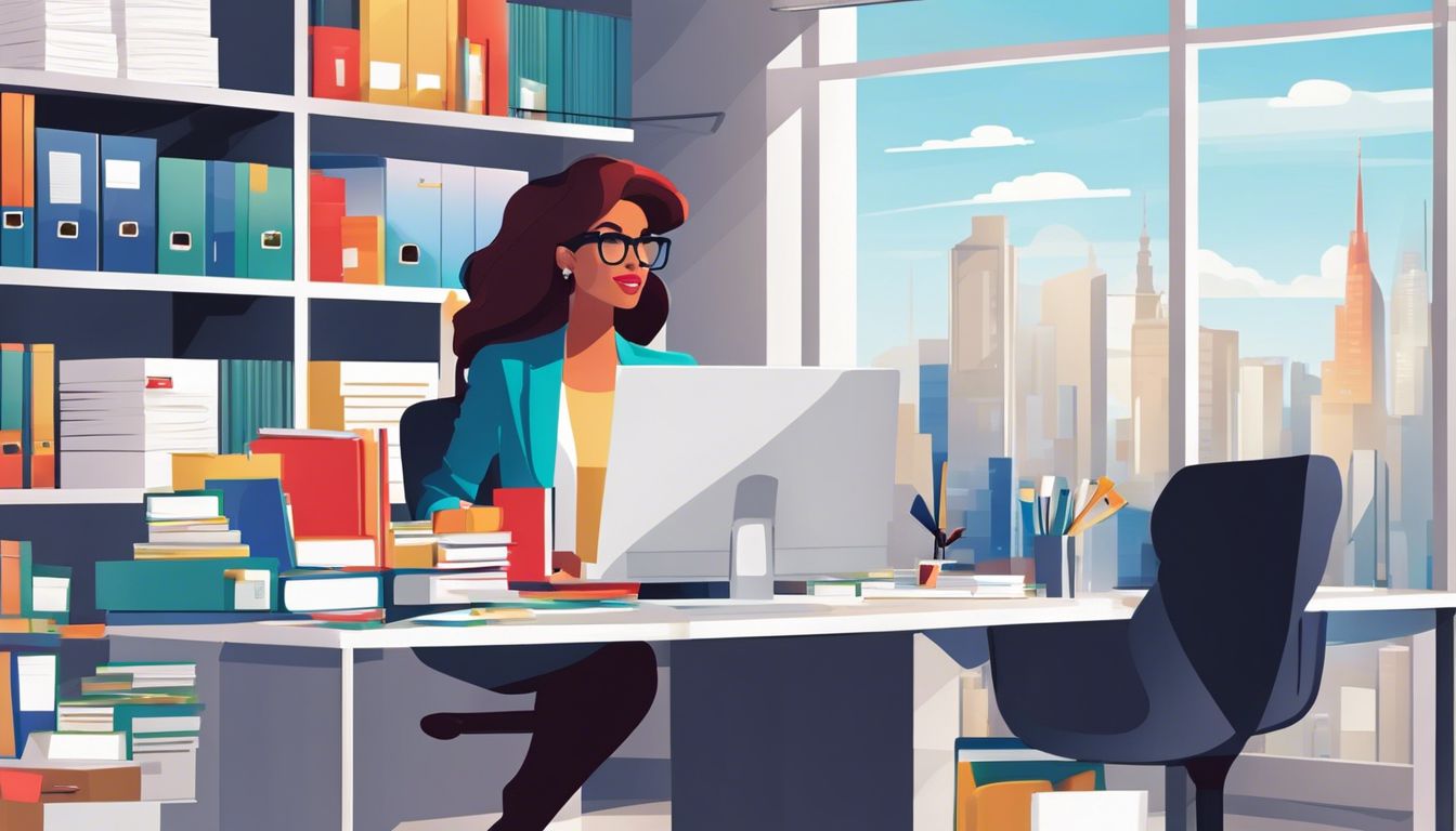 Een professionele vrouw organiseert bestanden in een moderne kantooromgeving. Een professionele vrouw organiseert bestanden in een moderne kantooromgeving.