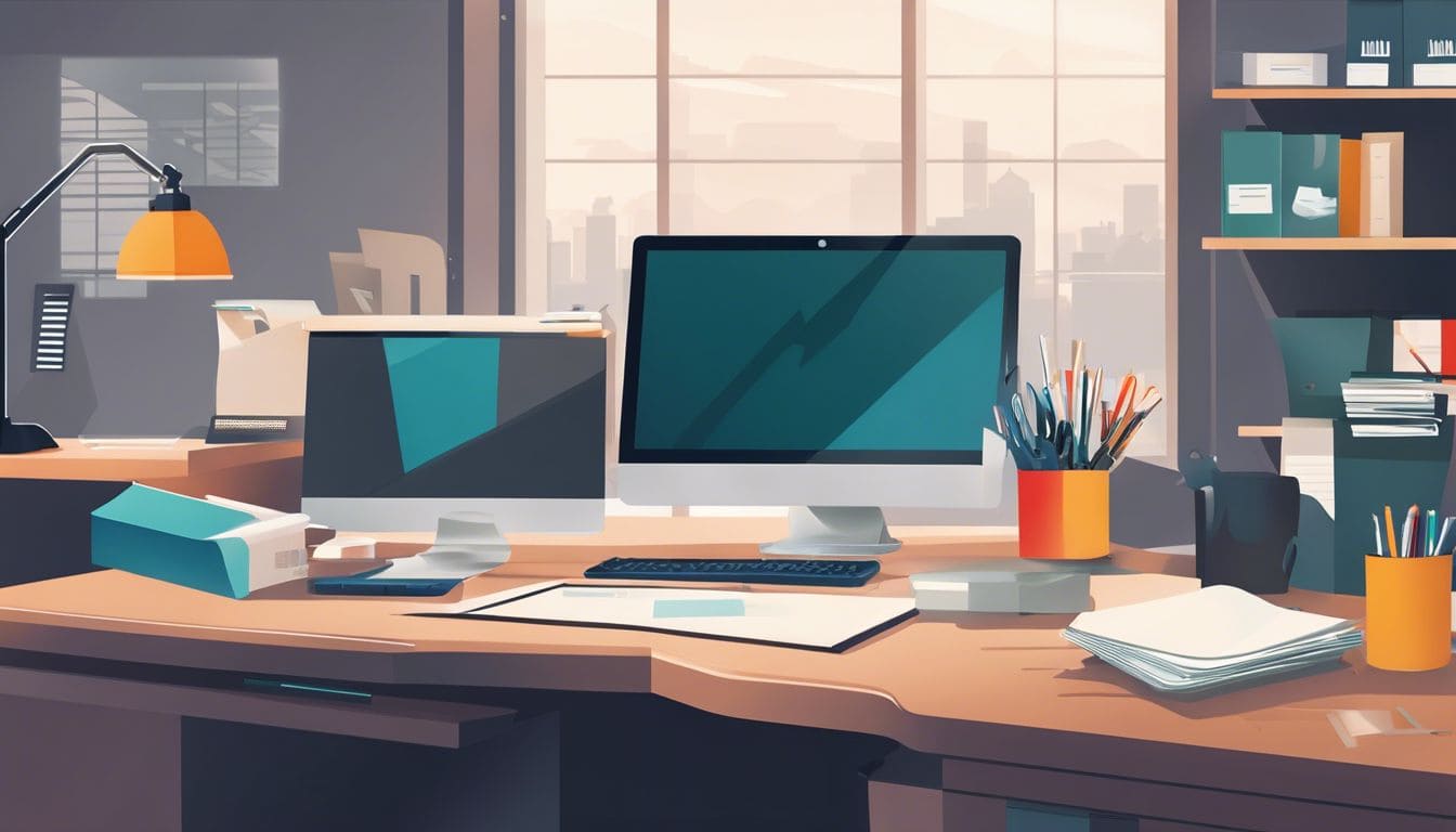 Een goed georganiseerde werkplek met netjes gelabelde mappen en een papiervernietiger.