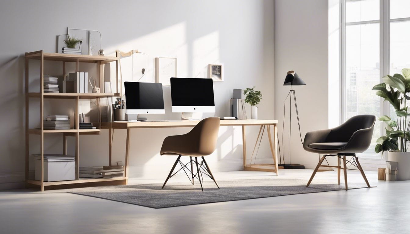 Een opgeruimd kantoor met georganiseerde documenten en een computer.