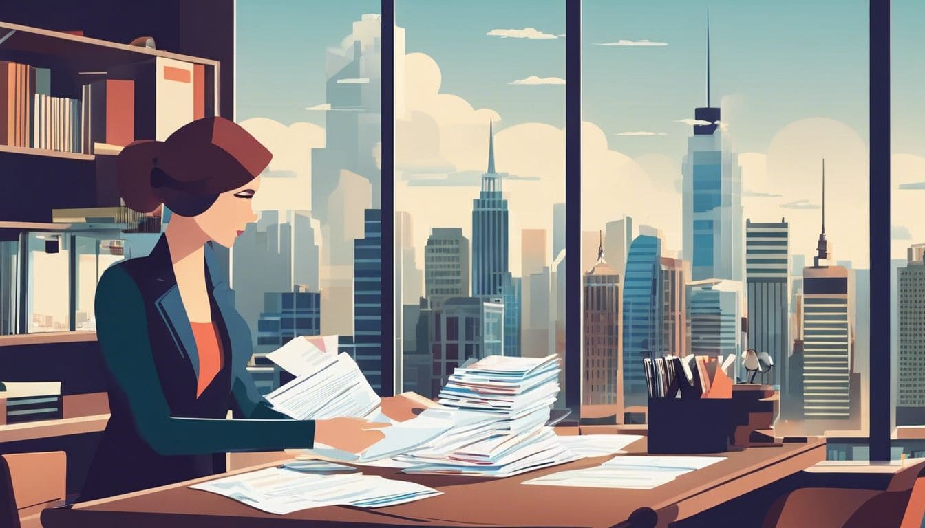 Iemand ordent documenten op een net bureau, met stadsgezicht op achtergrond.