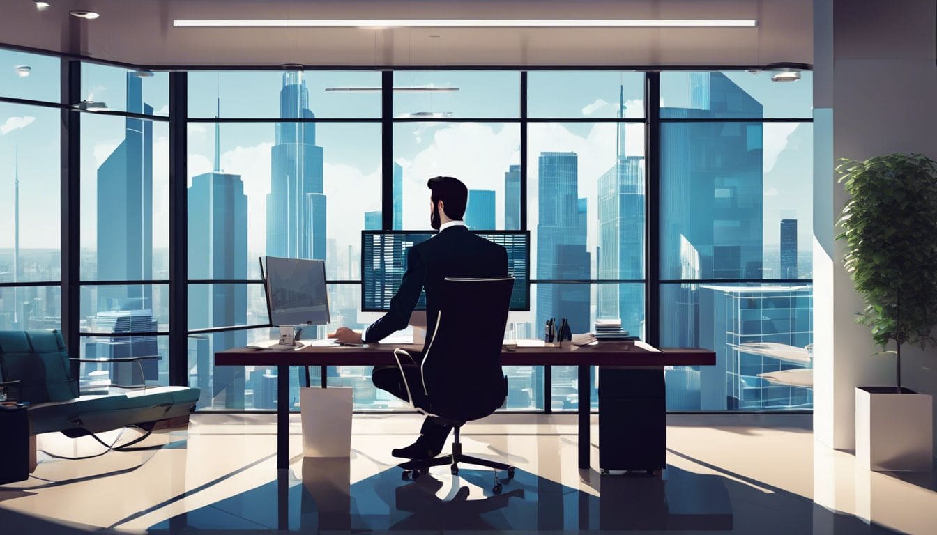 Een zakenman analyseert financi&euml;le gegevens in een modern kantoor.