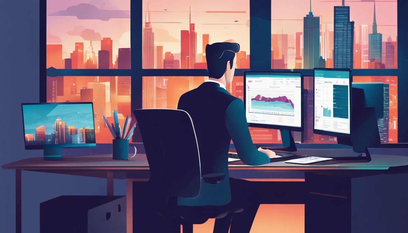 Een persoon stelt een nieuw boekhoudsysteem in op een computer in een modern kantoor. Een persoon stelt een nieuw boekhoudsysteem in op een computer in een modern kantoor.