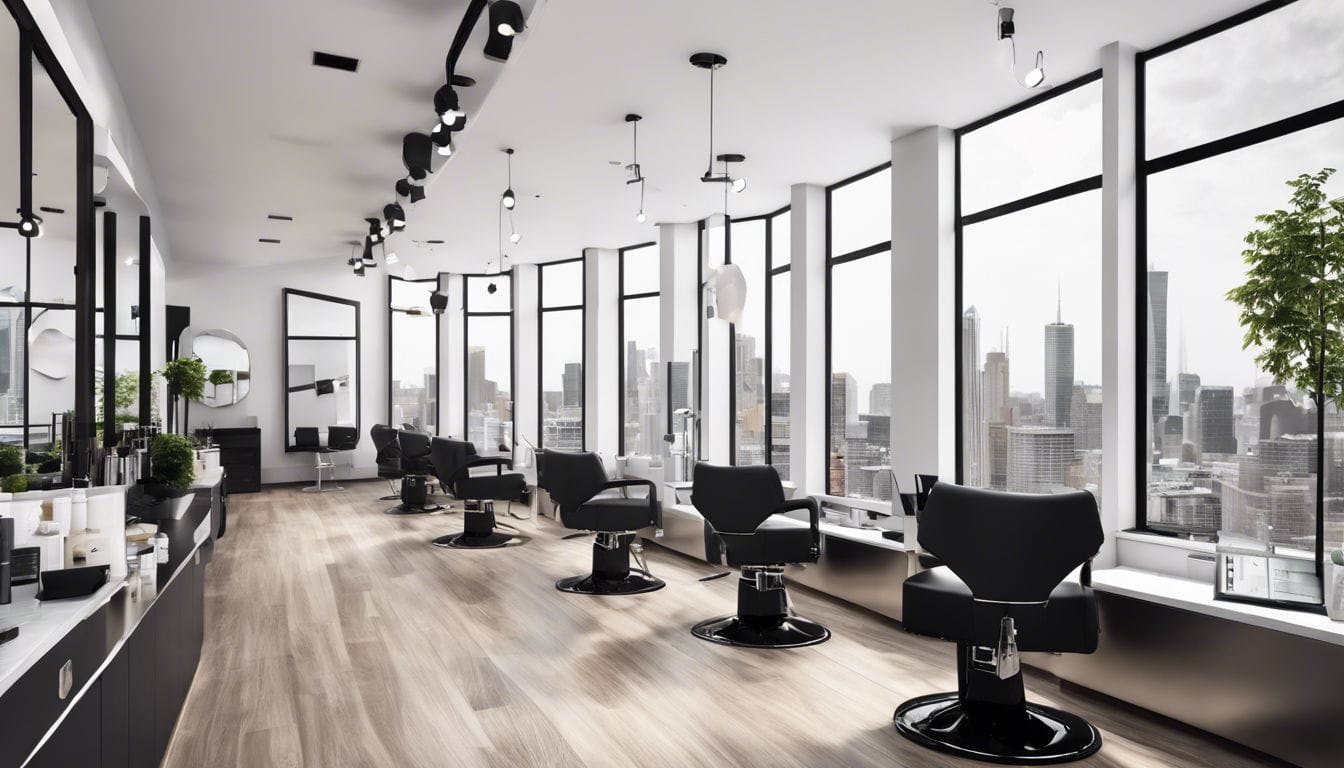 Een moderne professionele kapsalon met boekhoudsoftware en stadsgezichtfotografie.