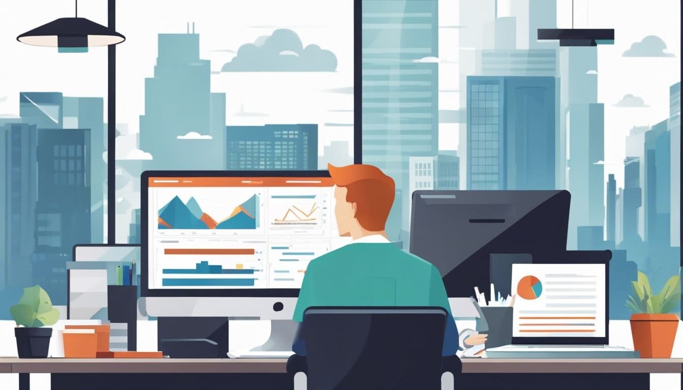 Een persoon zit aan een georganiseerd bureau met digitale apparaten en stadse fotografie.