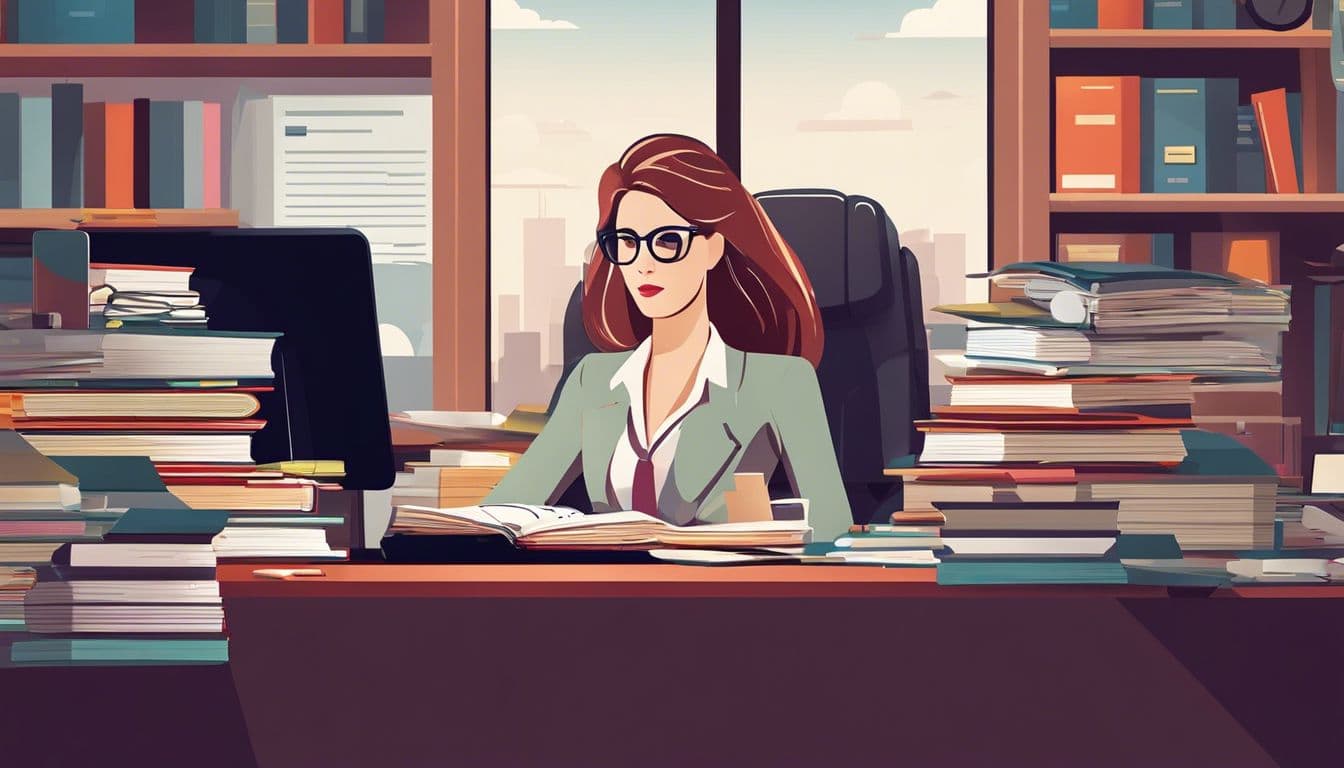 De vrouw zit vastberaden en gefocust te werken aan haar bureau.