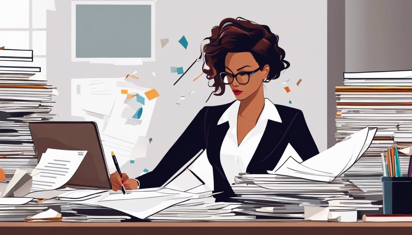 Een zakenvrouw die papierwerk organiseert op een rommelig bureau.