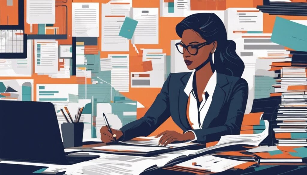 Een persoon werkt aan een bureau met financiële documenten en kantoorbenodigdheden.