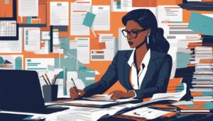 Een persoon werkt aan een bureau met financiële documenten en kantoorbenodigdheden.