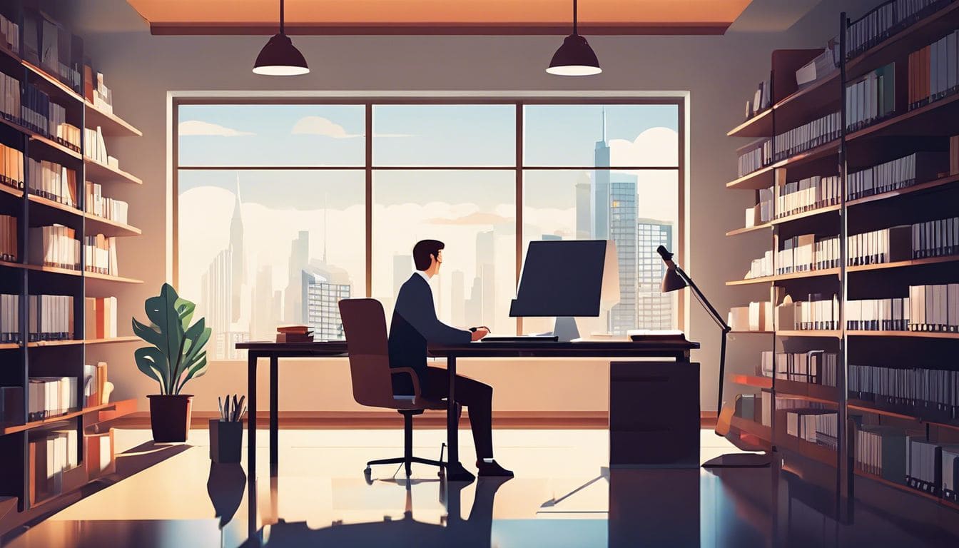 Een professionele accountant organiseert financiële documenten in een goed verlicht kantoor.