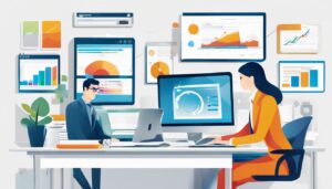 Een persoon migreert Twinfield-gegevens met vertrouwen op een computer in een druk kantoor.