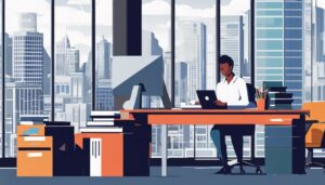 Een persoon werkt op een computer te midden van een drukke stadsomgeving.