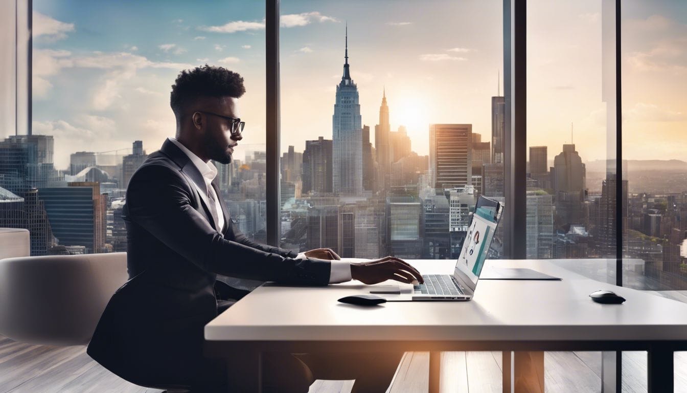 Een ondernemer gebruikt Hello accounting in een modern kantoor met stadsgezicht. Een ondernemer gebruikt Hello accounting in een modern kantoor met stadsgezicht.