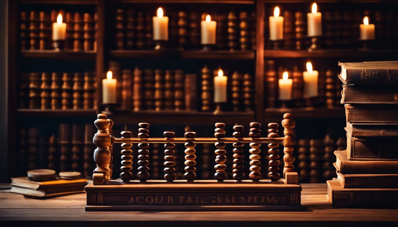 Een ouderwetse abacus omringd door antieke boeken op een houten bureau.