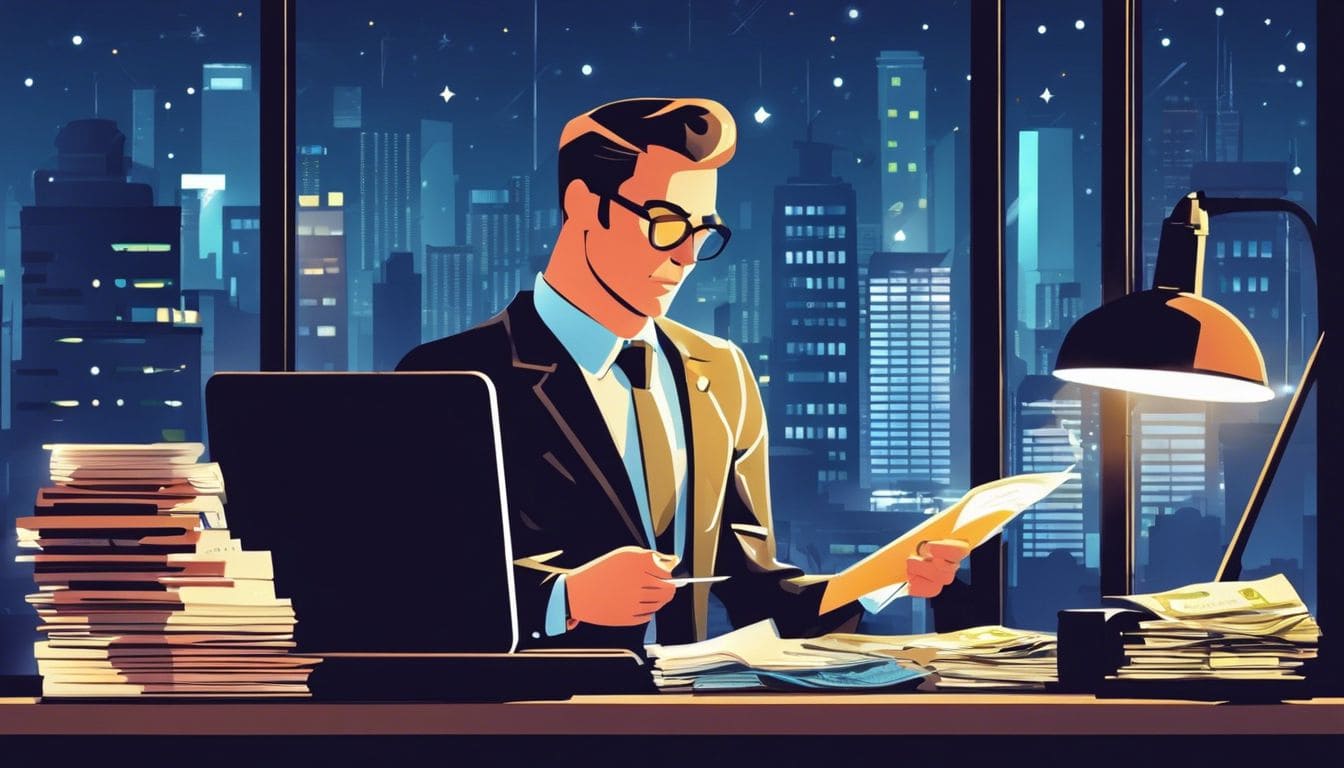 Een zakenman die de kasboek bekijkt op een rommelig bureau, met een gespannen en vastberaden uitdrukking. Een zakenman die de kasboek bekijkt op een rommelig bureau, met een gespannen en vastberaden uitdrukking.
