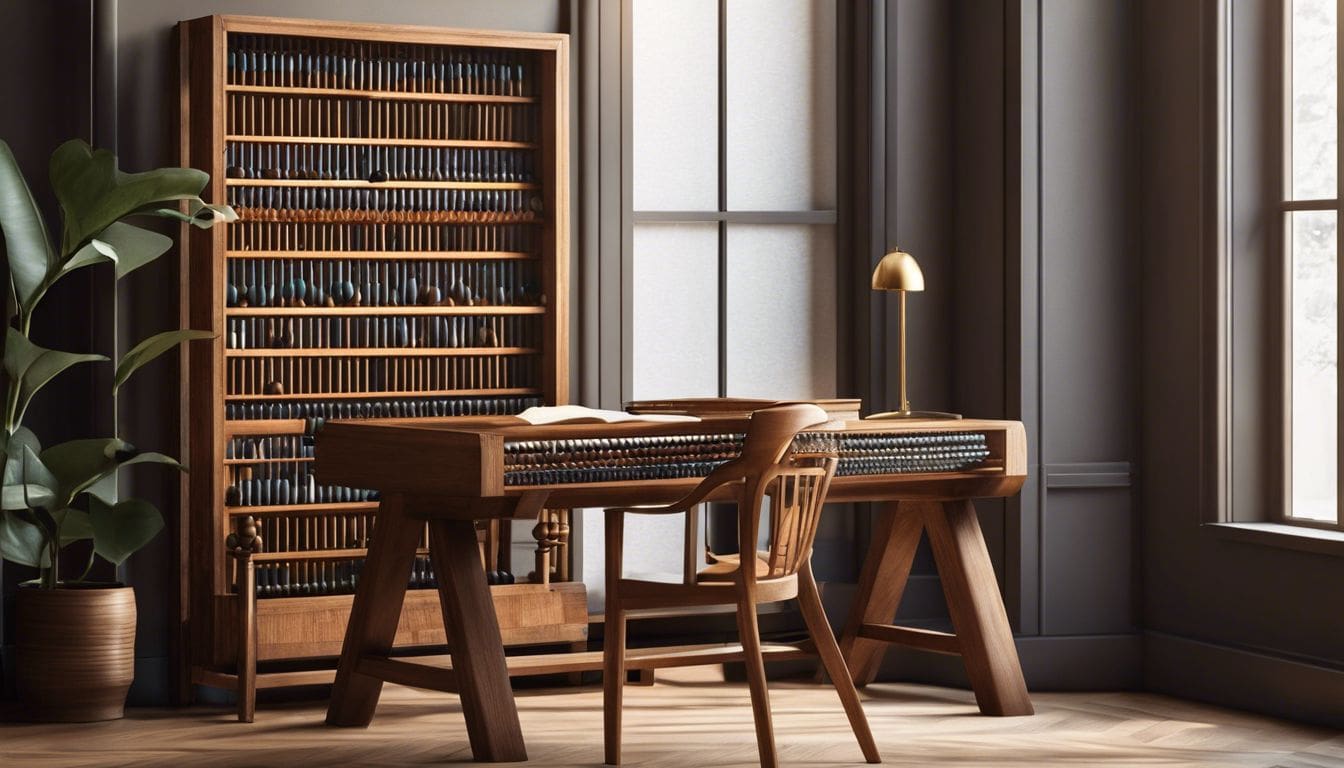 Een vintage telraam op een houten bureau in een serene studeerkamer.