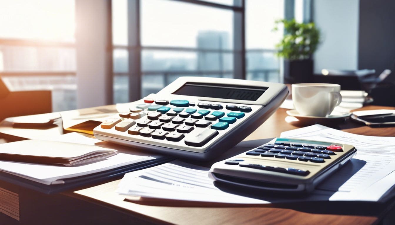 Een stapel financiële documenten en een rekenmachine op een bureau in een modern kantoor. Een stapel financiële documenten en een rekenmachine op een bureau in een modern kantoor.
