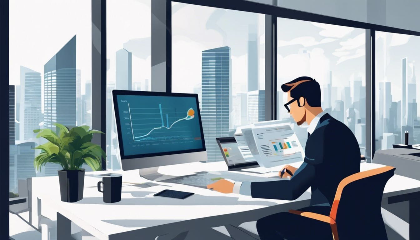 Een zakenman analyseert financiële documenten in een modern kantoor met uitzicht op de stad. Een zakenman analyseert financiële documenten in een modern kantoor met uitzicht op de stad.