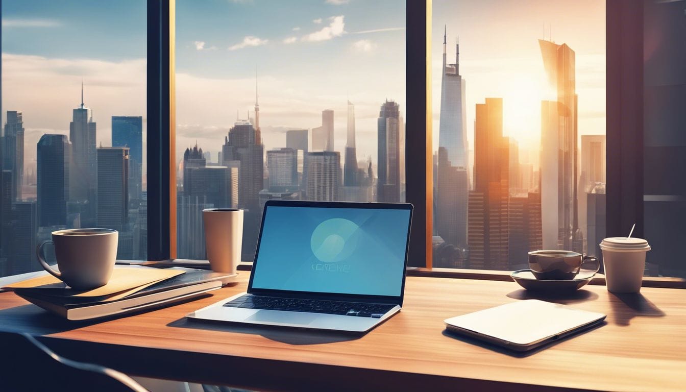 Een modern kantoor met laptop, smartphone en koffie op bureau.