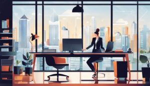 Een accountant werkt efficiënt met tijdregistratiesoftware in een modern kantoor.