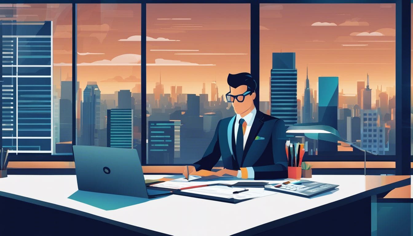 Een accountant vult een digitaal tijdschema in op een modern kantoor.