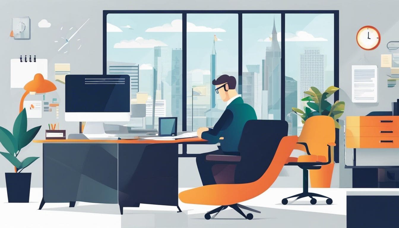 Een kantoormanager gebruikt een computer voor pensioenadministratie in een moderne omgeving.