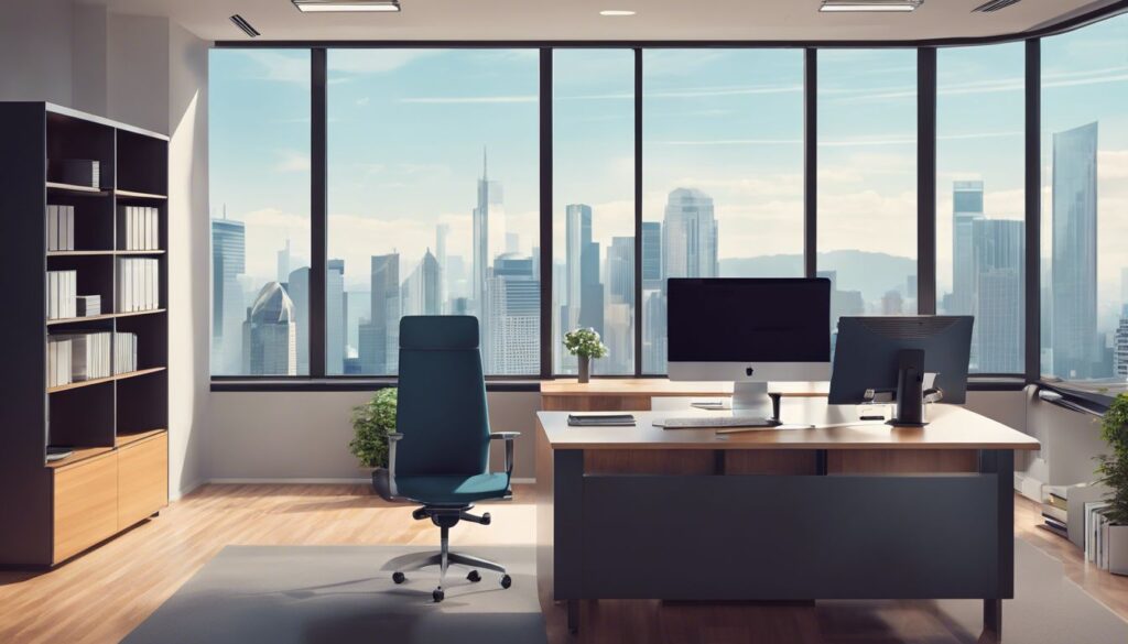 Een professionele vastgoedmanager maakt gebruik van administratieve software in een modern kantoor met uitzicht op een bruisende stad.