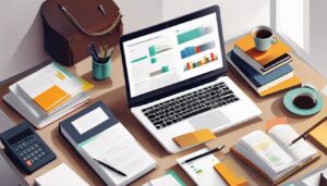 Een stapel keurig georganiseerde boekhoudkundige boeken op een gepolijst bureau.