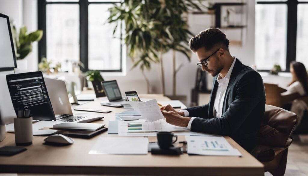 Een persoon gebruikt Venice boekhoudsoftware op een moderne, georganiseerde werkplek.