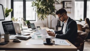 Een persoon gebruikt Venice boekhoudsoftware op een moderne, georganiseerde werkplek.