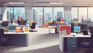 Een perfect georganiseerde en gelabelde archiefkast in een zakelijk kantoor met drukke werknemers en bedrijvigheid eromheen, wat efficiëntie en productiviteit op de werkplek overbrengt.