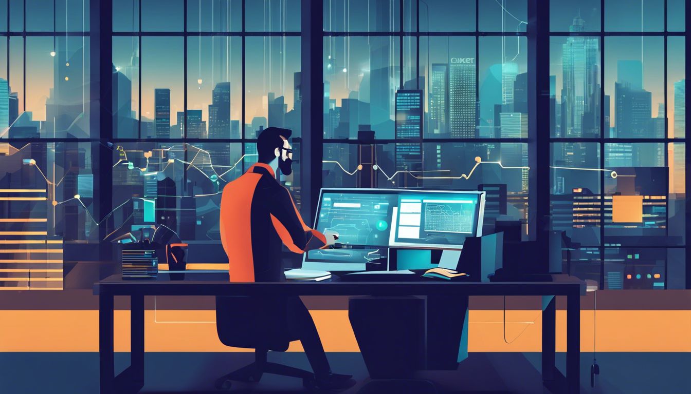 Een professionele IT-beveiligingsexpert analyseert en versterkt een computernetwerk met een stadsgezicht op de achtergrond.