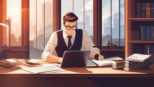 Een accountant werkt geconcentreerd aan een schone bureau met boeken en een rekenmachine.