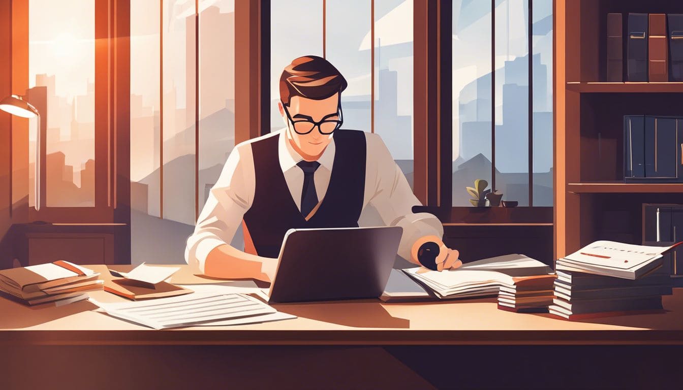 Een accountant werkt geconcentreerd aan een schone bureau met boeken en een rekenmachine.