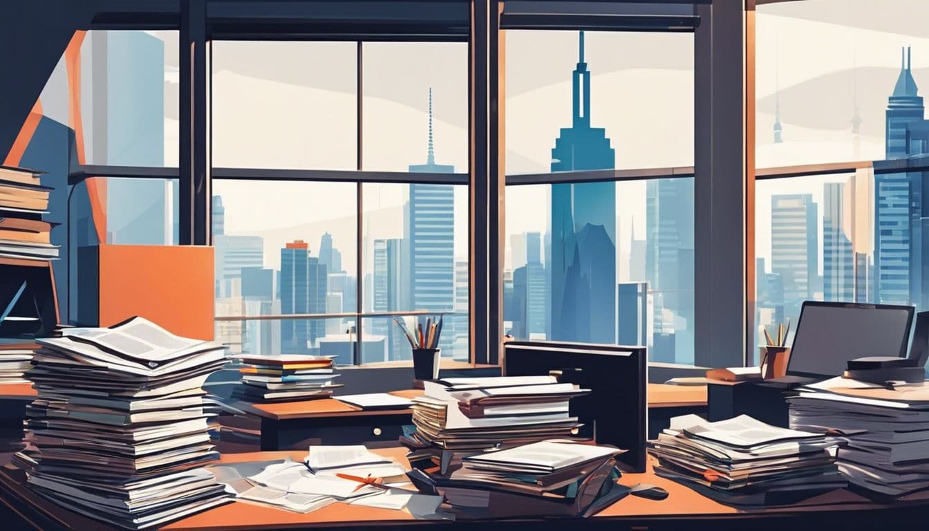 Een stapel financiële boeken op een bureau in een modern kantoor. Een stapel financiële boeken op een bureau in een modern kantoor.
