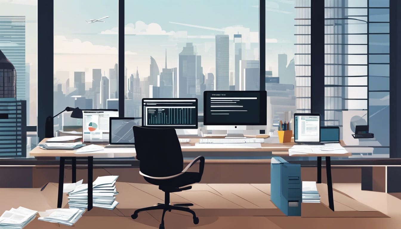 Een drukke professionele werkplek met computers en stapels financi&euml;le documenten.