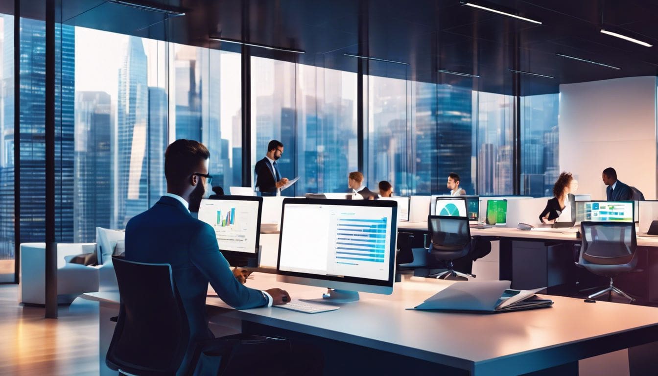 Groep zakelijke professionals vergelijkt boekhoudsoftware op laptops in kantooromgeving. Groep zakelijke professionals vergelijkt boekhoudsoftware op laptops in kantooromgeving.