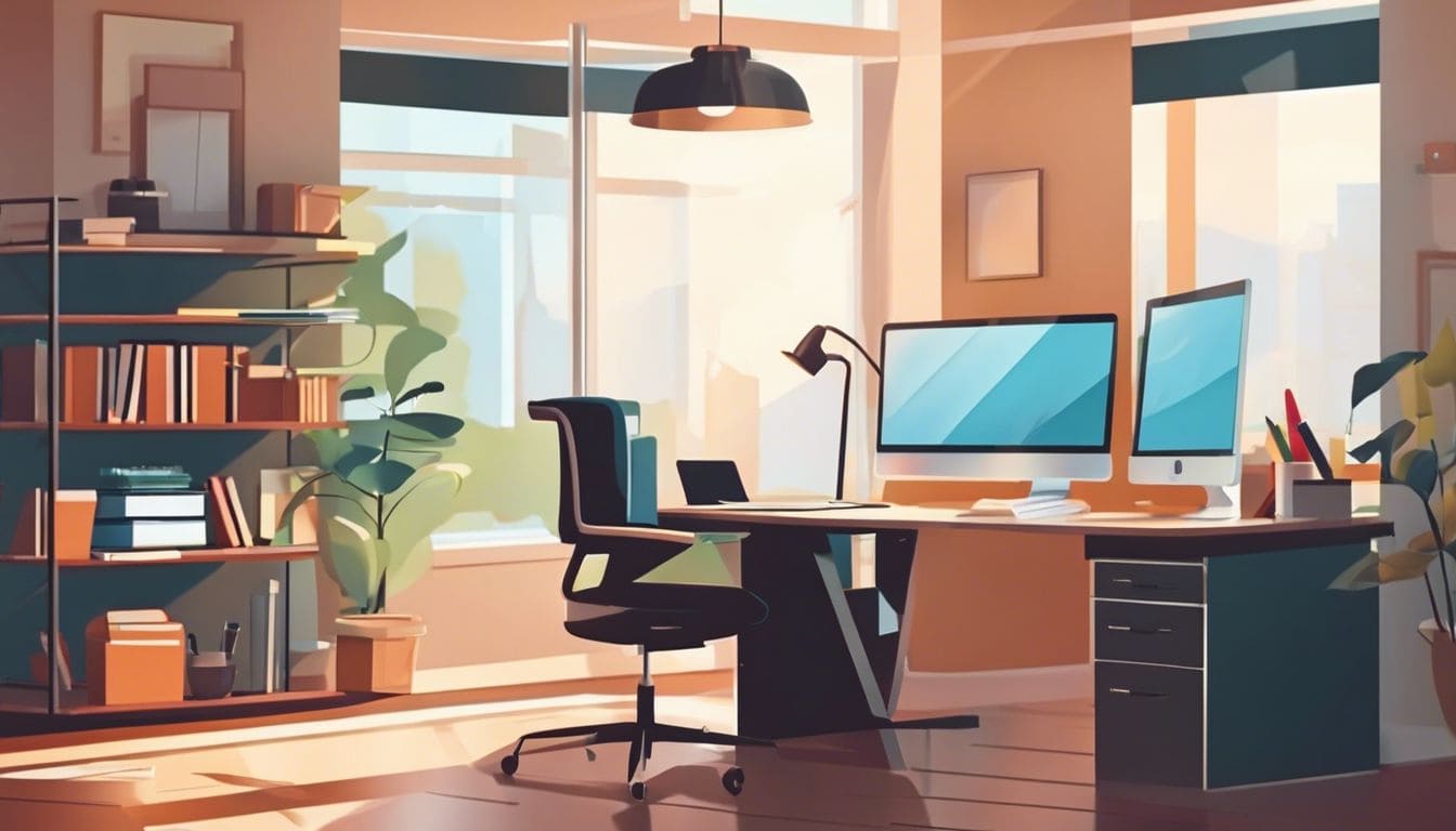 Een druk kantoorbureau met computer, koffie en bestanden.