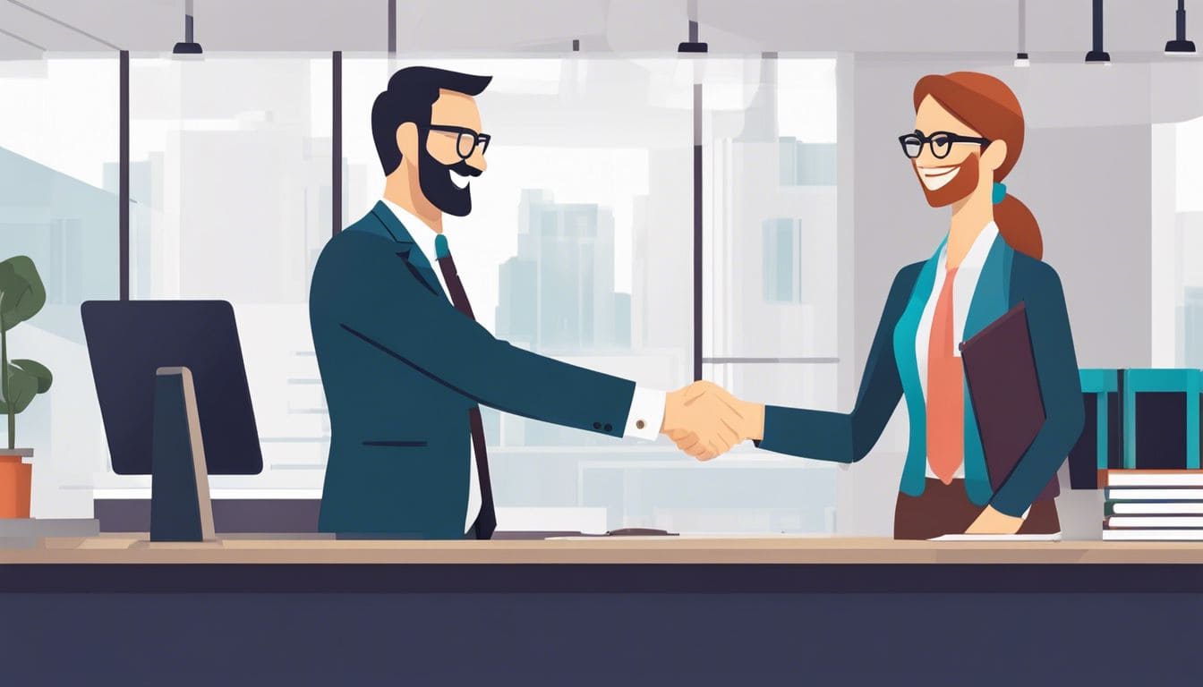 Een professionele accountant schudt de hand van een tevreden klant in een modern kantoor.