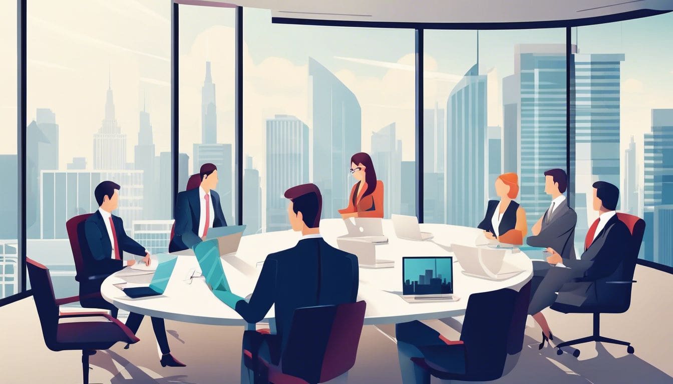 Een groep kantoormedewerkers heeft een productieve vergadering in een moderne vergaderruimte met uitzicht op de stad.