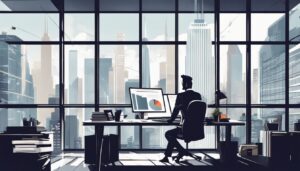 Een drukke zakenman zit aan een rommelig bureau in een stedelijke omgeving.