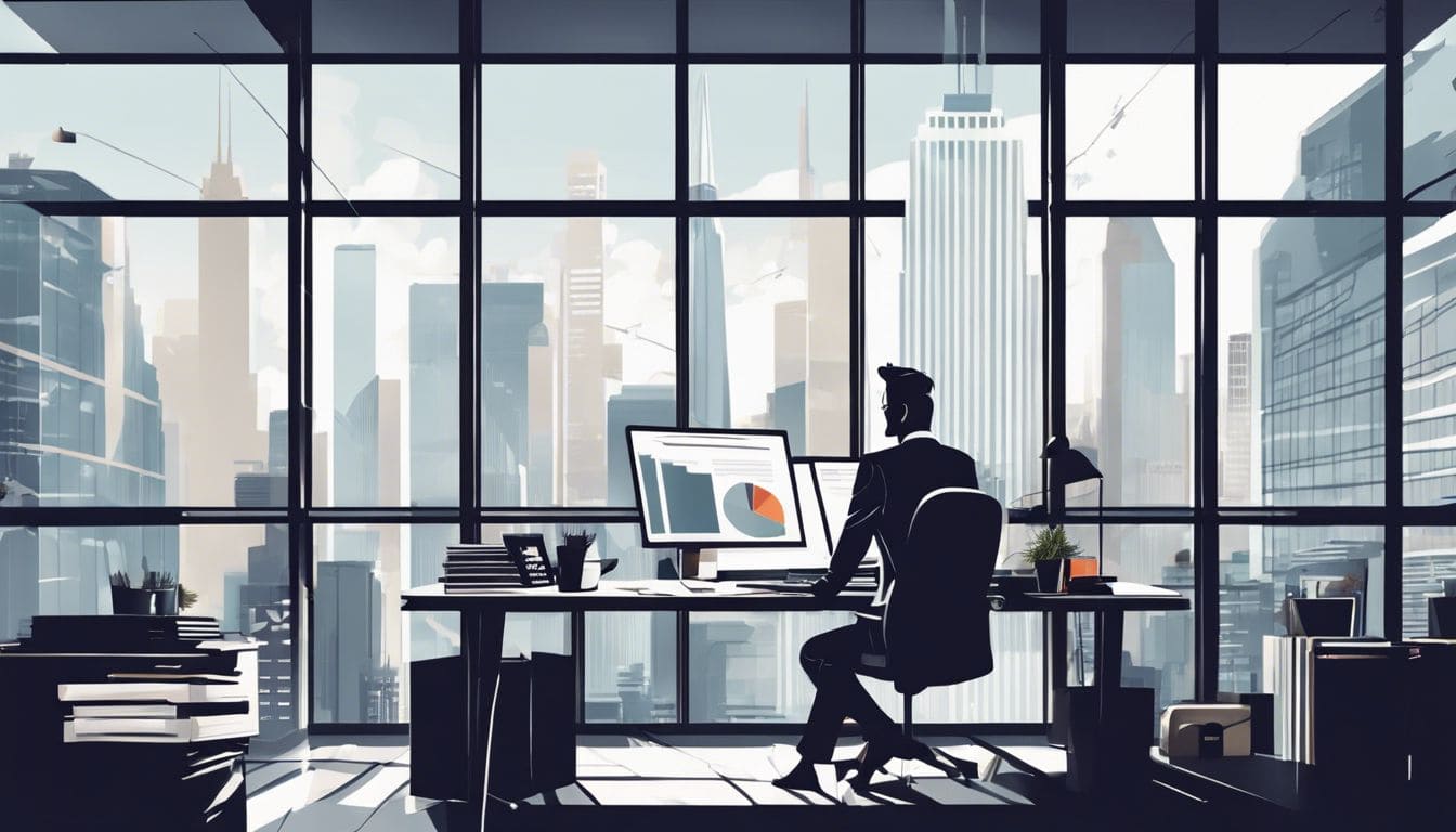 Een drukke zakenman zit aan een rommelig bureau in een stedelijke omgeving.