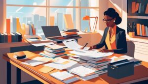 Een professionele vrouw organiseert papierwerk op een rommelig bureau.